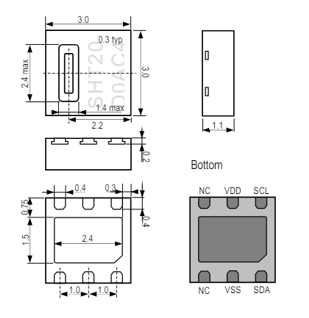 SHT20 temperature and humidity sensor dimensions